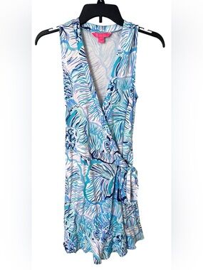 Lilly Pulitzer Rilla Wrap Romper Bermuda Blue Fishful Thinking Print Size Small